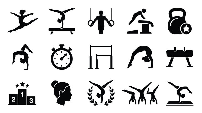Collection of black and white icons representing various gymnastics disciplines and equipment, including athletes in action, apparatus, and awards.