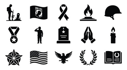 Obraz premium Collection of black and white icons representing military service, remembrance, and patriotism, including soldiers, flags, medals, and symbols of honor.