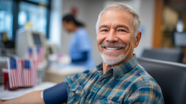 Retired military veteran rolling up his sleeve at a Memorial Day blood drive table, nurse preparing the collection kit, folded flags on display nearby, perfect for veteran tribute,