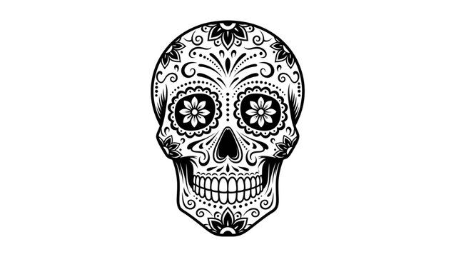 Mexican Sugar Skull Vector - Dia de los Muertos Calavera Illustration - Black and White Floral Skull Art.