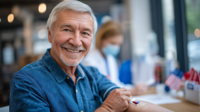Retired military veteran rolling up his sleeve at a Memorial Day blood drive table, nurse preparing the collection kit, folded flags on display nearby, perfect for veteran tribute,
