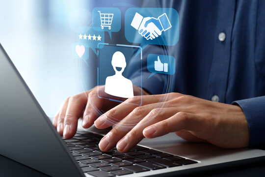 Customer success strategy and client relationship development. Satisfaction management and performance optimization. Businessman using software on laptop computer.