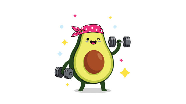 Energetic avocado character wearing a pink headband lifts weights to show fitness motivation and superfood health benefits.