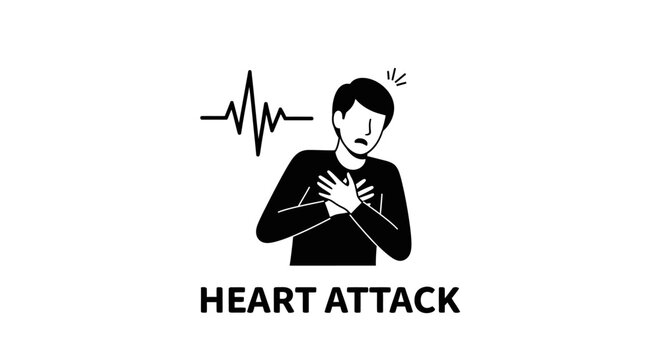 Man having a heart attack illustration, chest pain and cardiac arrest symptoms concept, black and white vector.