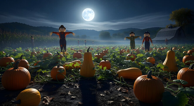 Pumpkin patch with scarecrows at night full moon and autumn harvest scene high quality professional detailed