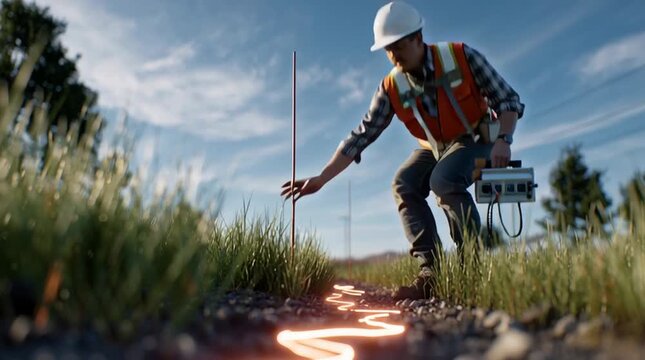ultra realistic side view of pipeline technician walking across grassy field, full body shot, holding a voltmeter connected to a long vertical copper reference electrode rod, touching the ground for C