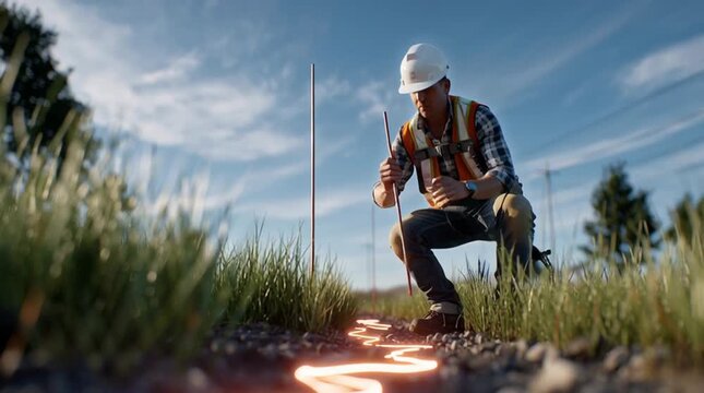 ultra realistic side view of pipeline technician walking across grassy field, full body shot, holding a voltmeter connected to a long vertical copper reference electrode rod, touching the ground for C