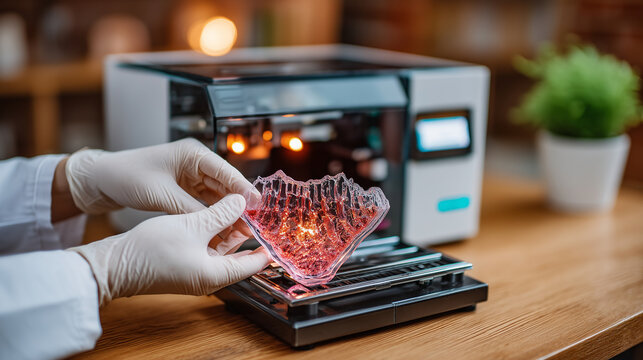 Close up of a gloved researcher's hands removing a freshly bioprinted cartilage sample from a compact desktop printer in a candlelit university lab, delicate translucent structure