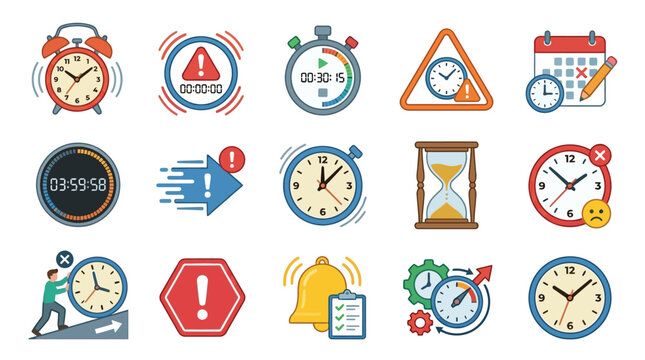 Collection of icons representing time management, alarms, deadlines, and scheduling, featuring clocks, timers, calendars, and hourglasses.