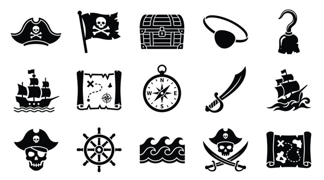 A collection of 15 black and white pirate-themed icons, including a ship, treasure chest, compass, sword, and skull.