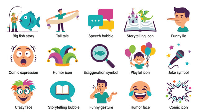 Collection of flat design icons representing humor, storytelling, exaggeration, funny expressions, and comic elements.