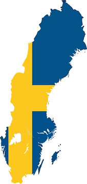 Map of sweden filled with swedish flag colors and borders, northern europe