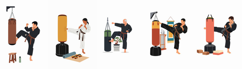 Flat vector illustration set of diverse martial artists practicing karate kicks and punches on various punching bags in a dojo environment. © Anna