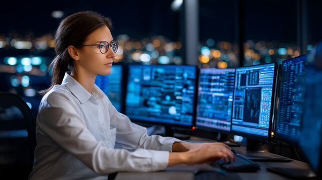 A solitary cybersecurity researcher works at a curved multi-monitor desk inside a dark server room, walls lined with blinking rack units, her face lit only by scrolling threat inte