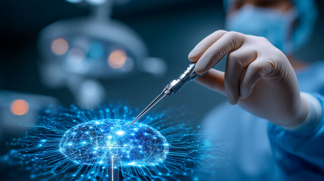 Close up of a surgeon's hand guiding a miniature robotic instrument through a narrow surgical port while an AI overlay displays anatomical guidance lines on a screen in the backgro