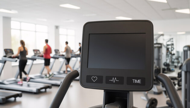 detailed close up of modern treadmill digital control panel in bright fitness center with blurred athletes running in background focusing on cardiovascular training and wellness