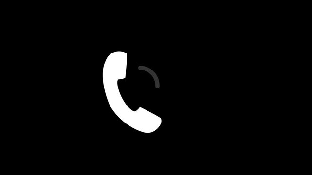 White Telephone Handset Icon Animation with Ringing Waves on Black Background - Flat Minimalist Communication Symbol for Smartphone and Contact Center Concepts
