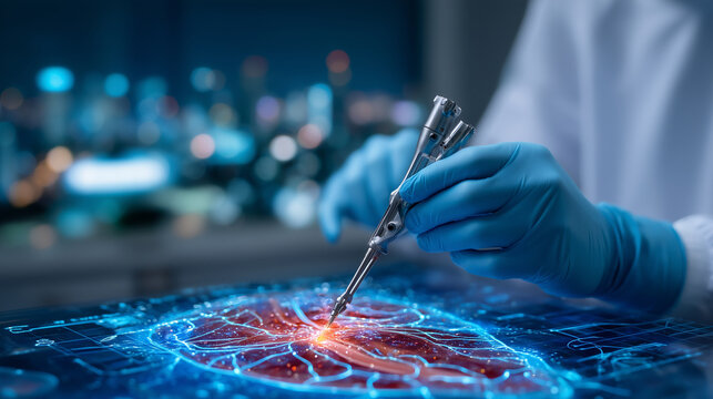 Close up of a surgeon's hand guiding a miniature robotic instrument through a narrow surgical port while an AI overlay displays anatomical guidance lines on a screen in the backgro