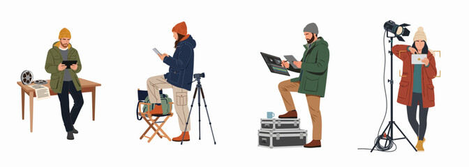 Fototapeta premium Professional filmmakers and video editors working with digital tablets and film equipment in a flat illustration style isolated on white.