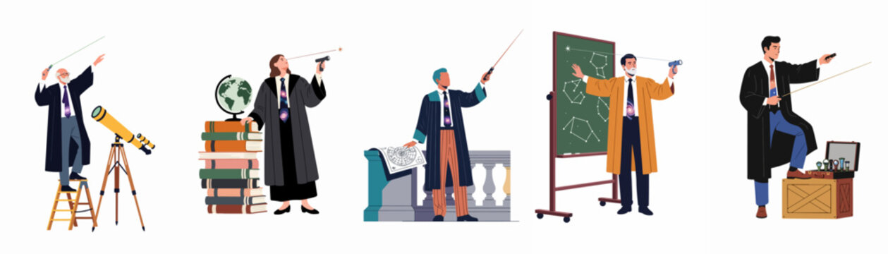 Set of various astronomers and university professors in academic robes teaching and observing the stars with scientific equipment on a white background.