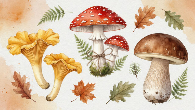 Autumn mushroom illustration featuring chanterelle, fly agaric and porcini with fern and oak leaves, warm watercolor texture evoking cozy forest foraging and seasonal nature