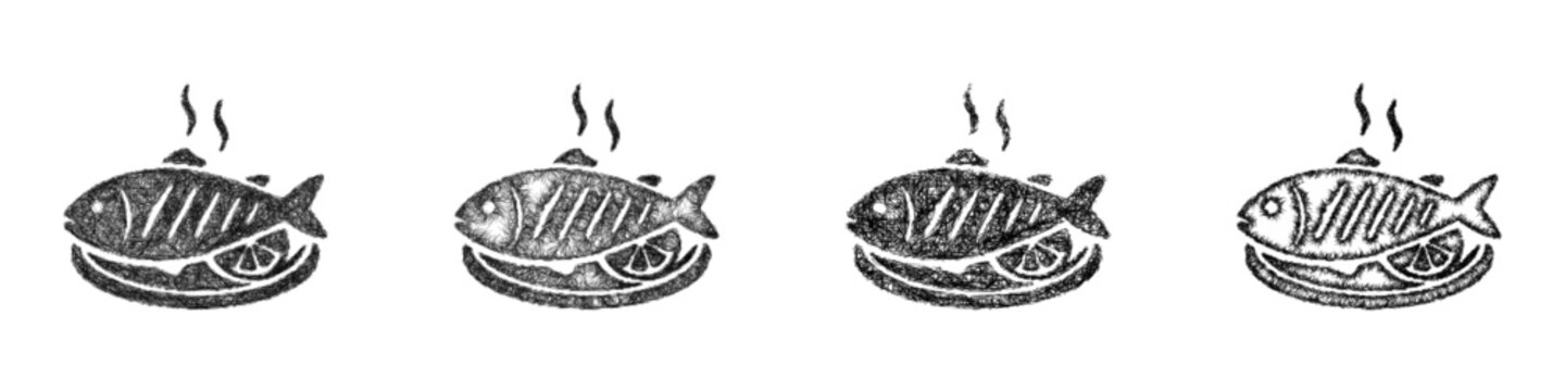 Sketch grilled fish icon design set