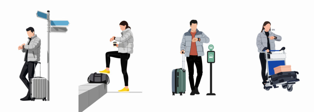 Set of illustrations depicting male and female travelers checking their watches while waiting with luggage at various points during a journey.