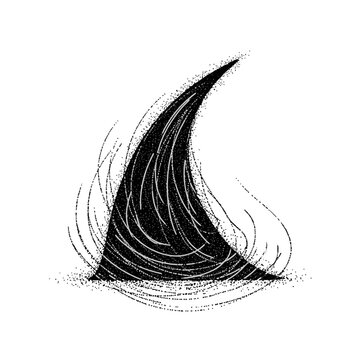 A stylized black and white illustration of a curved abstract shape with texture