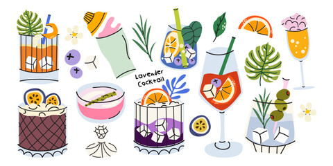 Collection of alcoholic cocktail in glasses of different shapes in cartoon retro style. Tropical summer drinks with ice cubes, straws, citrus slices, passion fruit, olives. Beverage illustrations © luamor