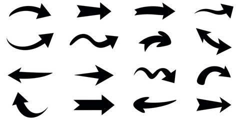Collection of diverse black arrow icons on a white background, representing direction and movement. © Akram