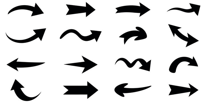 Collection of diverse black arrow icons on a white background, representing direction and movement.