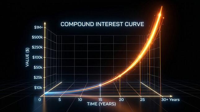3D glowing compound interest curve line graph rising on black background