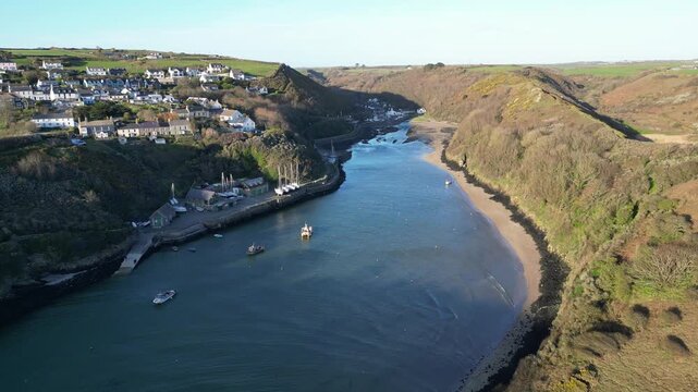 4K Aerial shot Returning to River Solva Harbour, North Wales, Pembrokeshire, UK