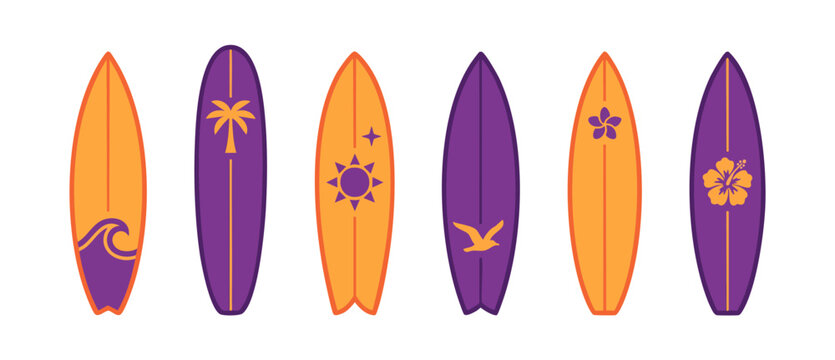 Surfboard set collection with tropical icons, flat vector design featuring waves, sun, palm tree, and hibiscus flower illustrations for summer beach sport activities and surfing lifestyle branding gra