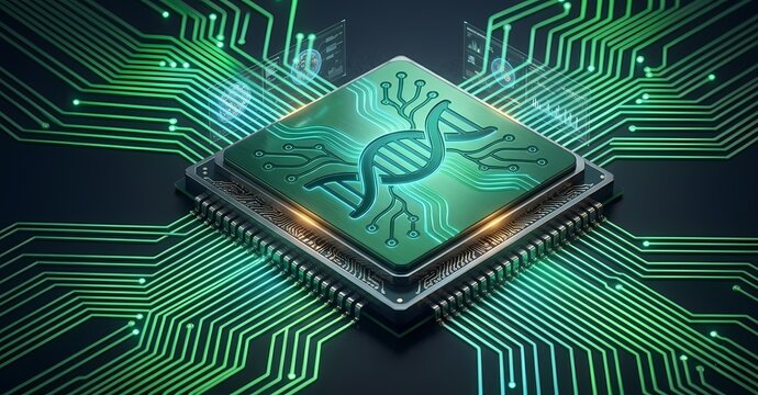 Futuristic biochip with DNA double helix symbol on glowing green circuit board for biotechnology and genetic engineering concept