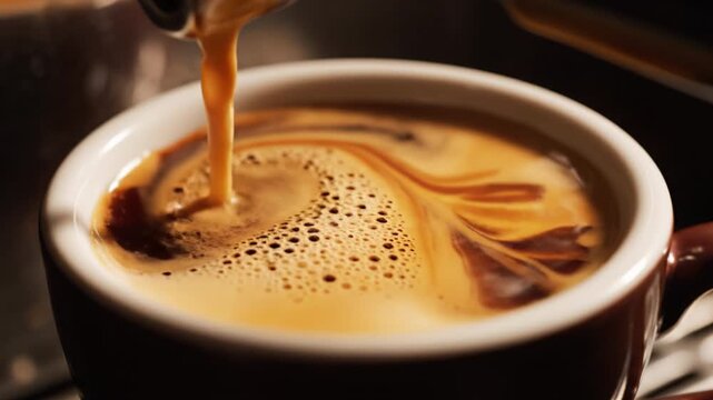 Coffee cup beverage hot foam brown liquid close up drink swirl pouring creamy espresso morning refreshment rich texture warm energy breakfast smooth ceramic swirl aroma inviting cozy drinkware brown