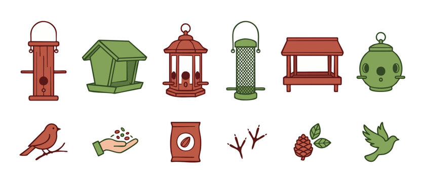 Bird Feeder Icons Set Vector Illustration, Garden Wild Bird Feeding Supplies and Equipment, Nature Conservation Elements, Flat Linear Style Collection for Outdoor Wildlife Care and Backyard Ornitholog