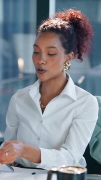 Business, woman and talk with document in office for planning, legal advice and case file. Female person, attorney and discussion with folder for evidence, witness statement and testimony for lawsuit