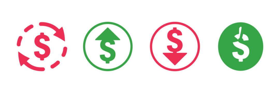 Dollar price up and down icon line style, money coin and arrow movement showing increase and decrease