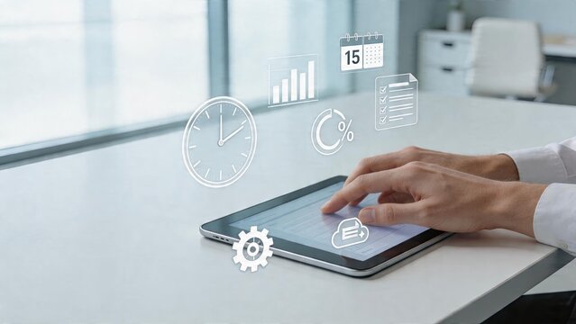 Business man using tablet device for smart office management with digital interface icons cloud computing concept time scheduling chart percentage graph checklist work efficiency