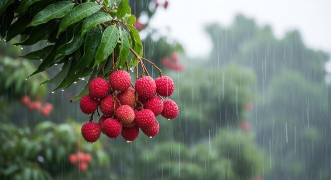 red lychee fruit on tree branch in raining
