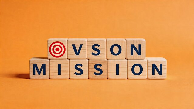 Business wooden cubes text Vision Mission with red target strategy concept corporate planning goal success teamwork symbol education learning objects on orange background