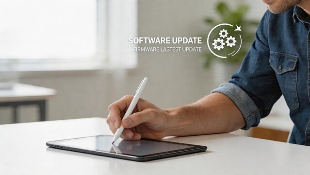 Businessman using digital pen on tablet for software firmware update with gears icon technology upgrade system maintenance modern office environment