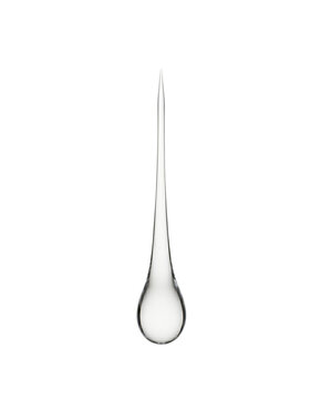 Single transparent water drop elongated isolated. Clean liquid splash or glass element.