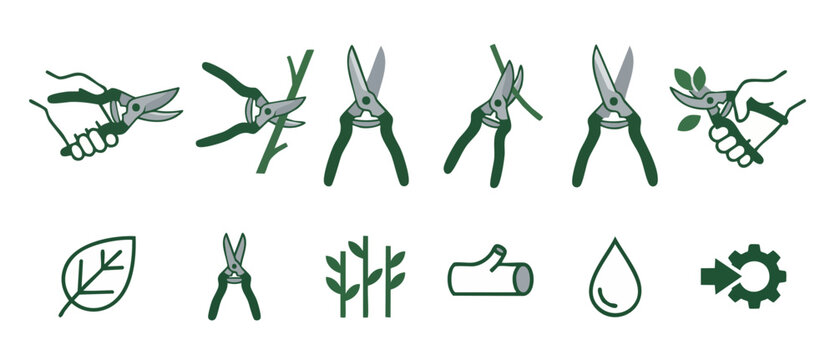 Garden Pruning Shears Icon Set, Gardening Tool Vector Graphics for Horticulture, Trimming Branches and Plant Maintenance Symbols Isolated on White Background for Professional Landscaping and Design Pr