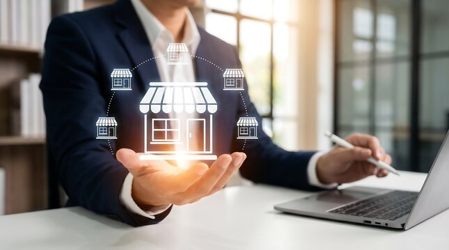 Businessman holding digital store icons representing franchise expansion and retail business growth strategy in professional corporate office setting