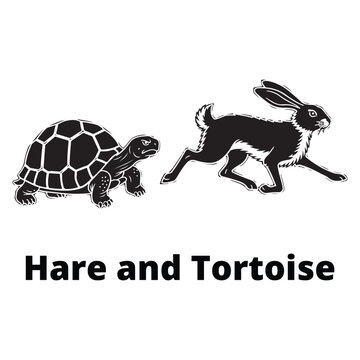 intage woodcut style illustration of a hare and a tortoise racing, classic Aesop's fable animal art for t-shirt and canvas prints.