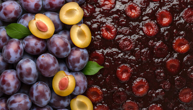 Seamless pattern of sweet plums and red jam