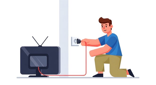 Young man carefully plugging a television power cord into a wall outlet, illustrating electrical connection for home entertainment devices and setup process