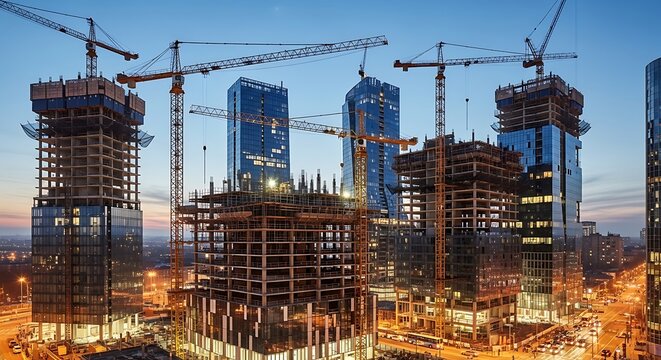 Dynamic cityscape a view of multiple high rise buildings under construction at dusk with cranes